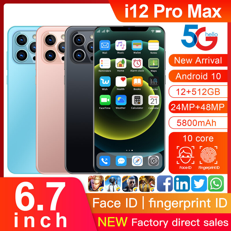 Smartphone I12 Pro Max 6.7 inch 12GB RAM 512GB ROM Deca Core Snapdragon888 5800mAh 48MP Android11 Global Version Mobile Phone