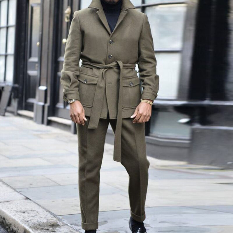 2021 Otoño Invierno nueva moda Mens Trench abrigo único Breasted de Color sólido Casual cinturón de manga larga abrigo de lana para hombres abrigo