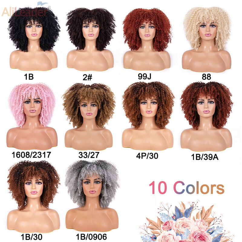 Fluffy Curly Soft Synthetic Wigs 14Inch Medium Afro Kinky Hairs With Bangs Mixed Brown Bouncy Glueless For African Girls Women
