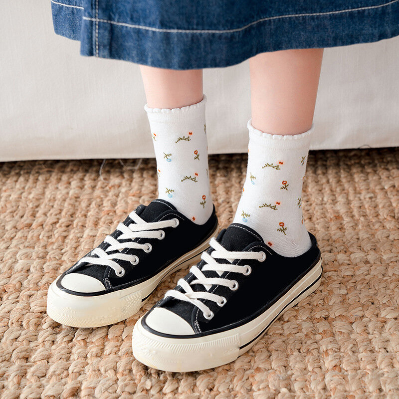 1 par retro feminino flor meias moda outono verão respirável estudante universitário meias de algodão floral impressão menina meias