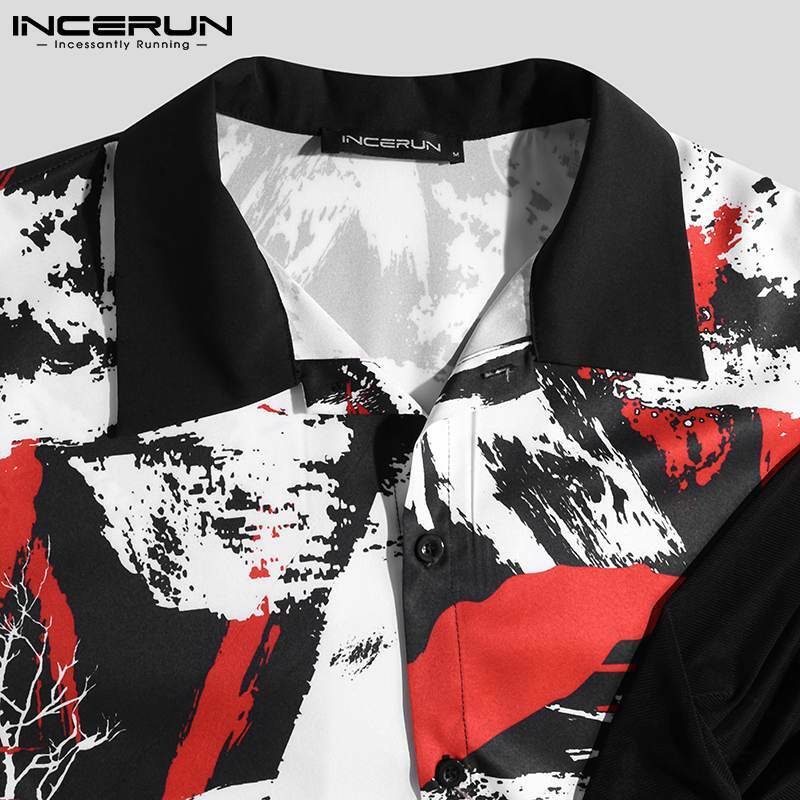 INCERUN 탑스 2021 Handsome Well Fitting 남성용 셔츠 섹시한 모든 경기 통기성 메쉬 불규칙한 인쇄 긴팔 블라우스 S-5XL