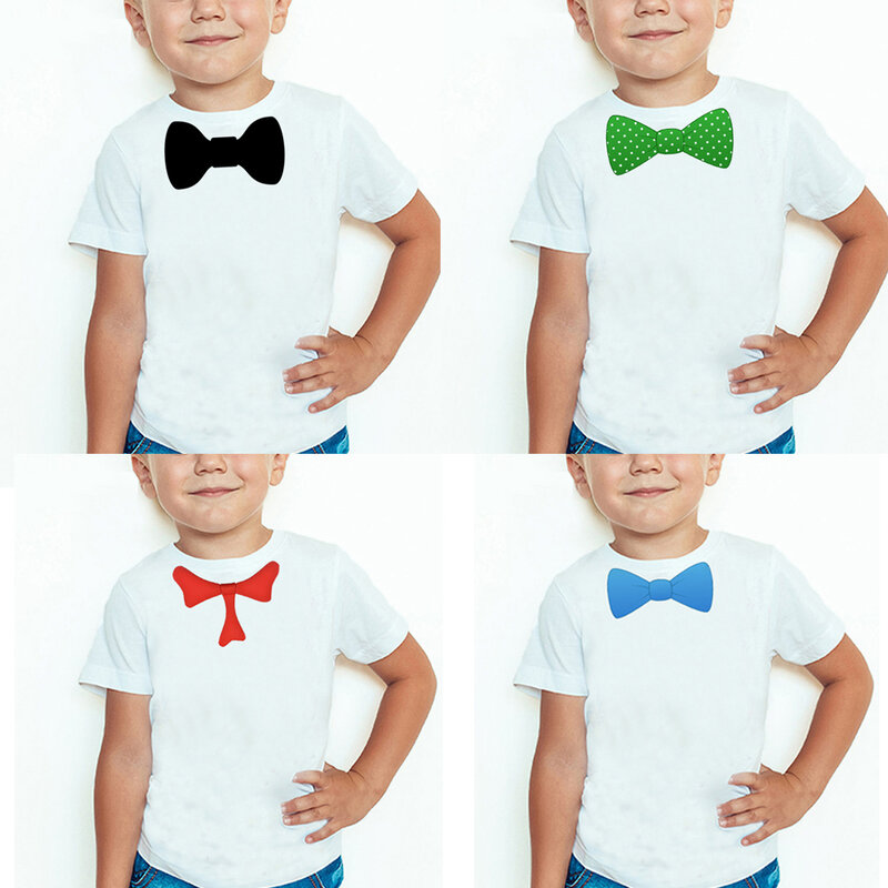 T-shirt Lengan Pendek Musim Panas Anak Laki-laki Baru T-shirt Dasi Kupu-kupu Hitam Atasan Kemeja Kualitas Leher Bulat Kasual Pakaian Anak-anak Mode