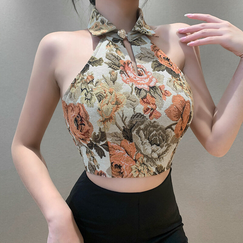 女性のtシャツクロップトップ女性フェスティバル衣類のヴィンテージを印刷花スタンド襟ビッグレッド花ハート
