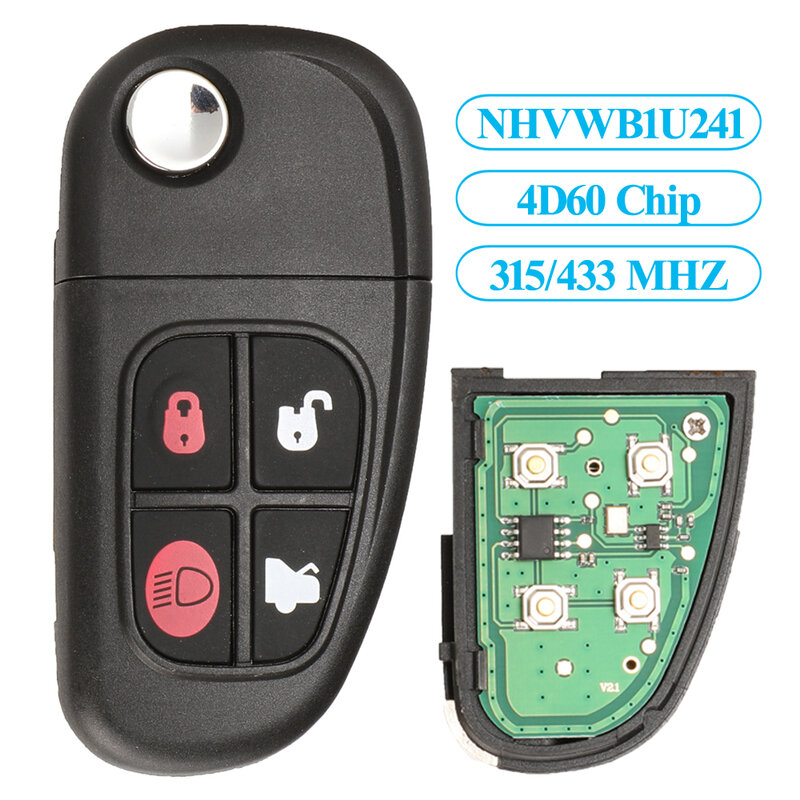 Jingyuqin Remote Control Flip Car Key 315/433MHZ 4D60 Chip For Jaguar X-Type S-Type 1999-2009 XJ XJR 2002-2008 4 Buttons NO Word