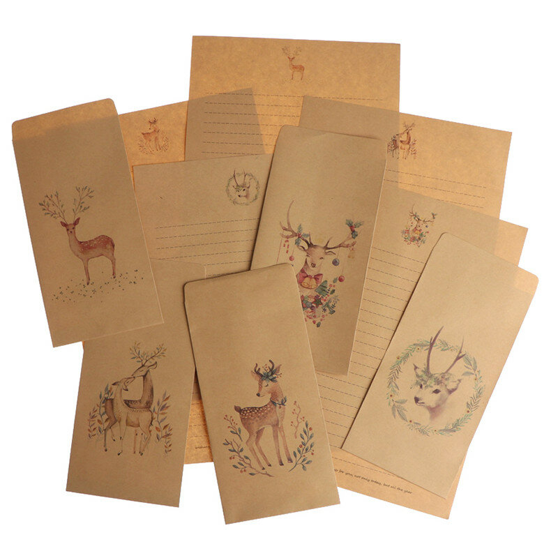 20pcs European Animal Elk Letter Paper Envelope Set Retro Kraft Paper Letter Envelope Set Festive Letter Envelope Set