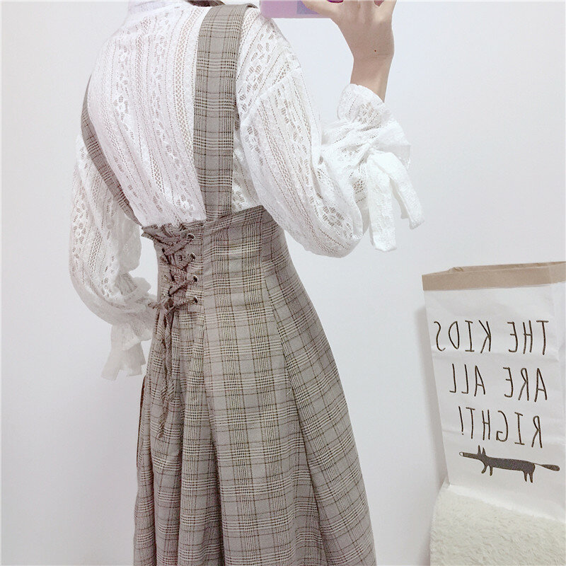 2022 Spring New Women Japanese Style Mori Girl White Blouse and Lace Up Bandage Plaid Suspender Skirt 2pcs Set Female