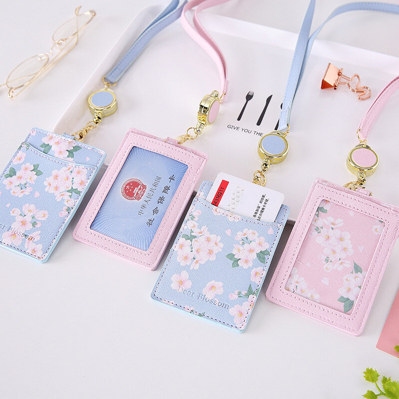 1PC Flowers PU Leather Nurse Worker Student ID Credit Card Badge Holder with Lanyards Business School Office Accessories