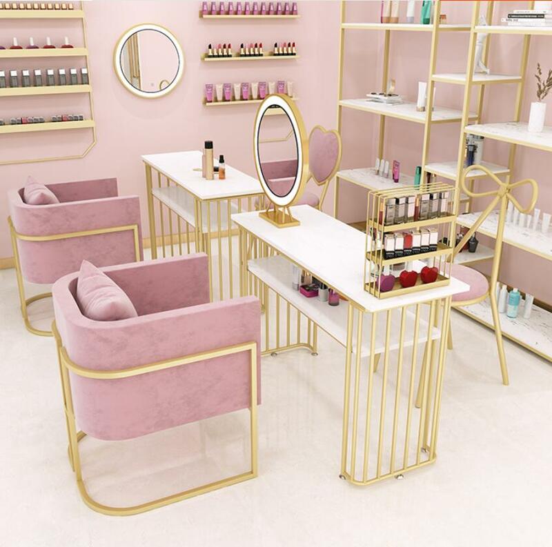 Nordic nano gold beauty salon table chair set single sofa shop Gold Double manicure table rack