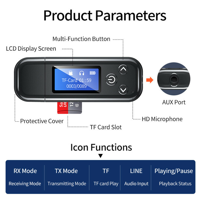 2021NEW Bluetooth5.0 trasmettitore Audio USB ricevitore Monitor LCD batteria integrata 3.5mm AUX RCA adattatore Wireless Stereo TV PC Car