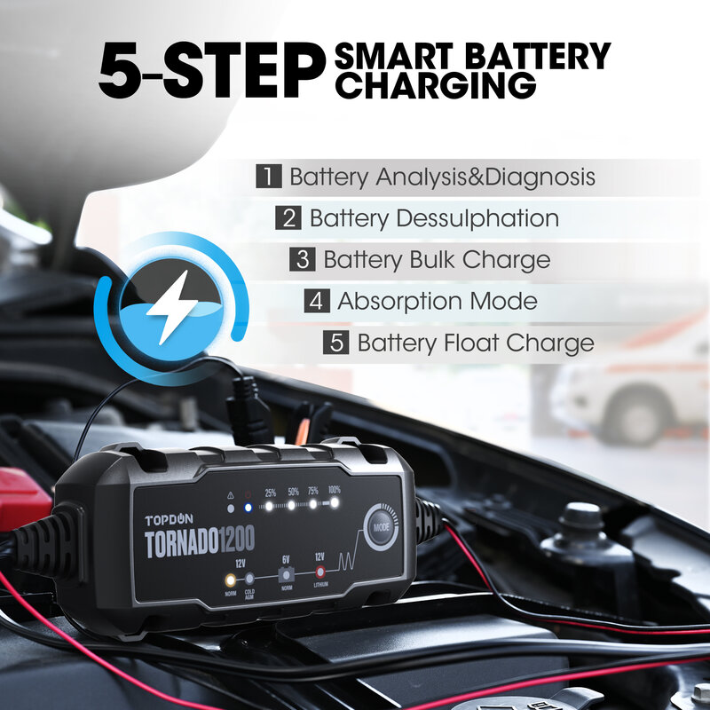 Topdon Auto Batterie Ladegerät 6V/12V 1,2 EIN Rinnsal Ladegerät Automatische Tragbare Smart Batterie Ladegerät für Auto lkw ATV SUV Boot T1200
