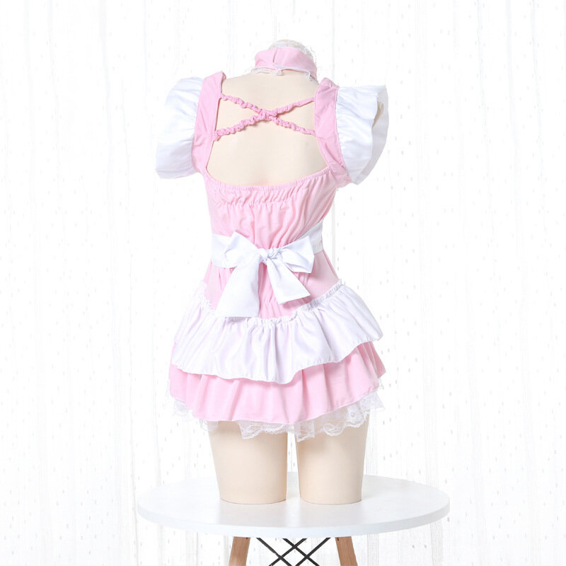 Japanese Kawaii Pink Ruffle Maid Outfit Anime Cosplay Sexy Costumes Daily Apron Uniform Skirt Set Cute Girls Lolita Nightdress