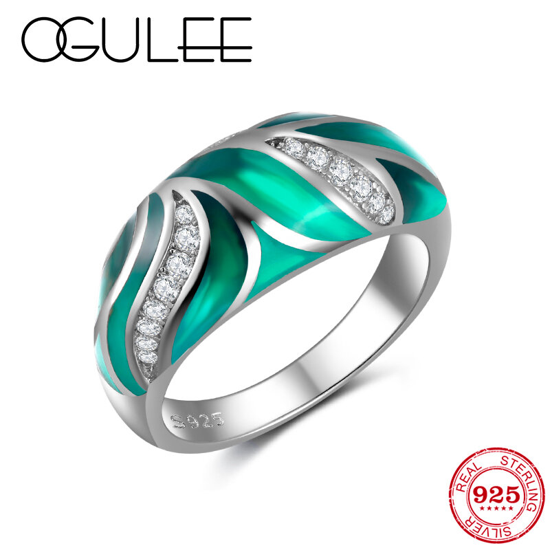 OGULEE-anillo elegante para mujer, plata 925, Esmeralda, hojas verdes, circonita AAA +, joyería de boda, esmalte de alto grado
