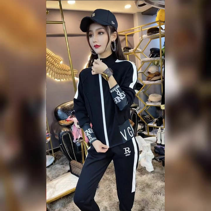 Popularny luźny strój sportowy damski nowy jesień 2021 wszechstronny Slim stojak kardigan z kołnierzem Fashion Suit