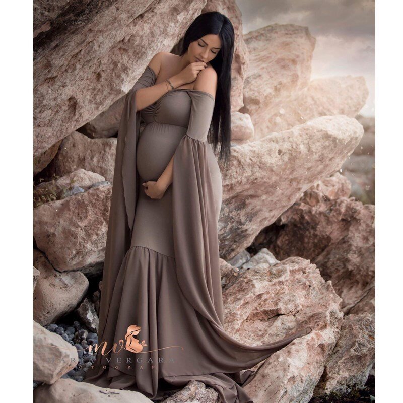 Vestido largo de maternidad sin hombros para mujeres embarazadas, ropa elegante para sesión de fotos, Maxi, elegante