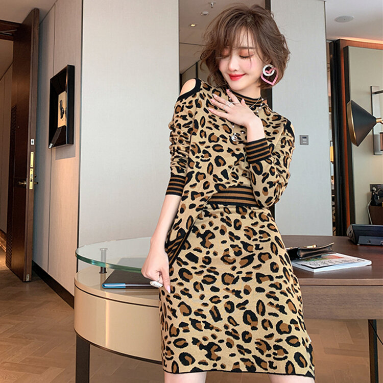 Mode neue sanfte wind nische sexy liebsten leopard stricken zwei-stück anzug