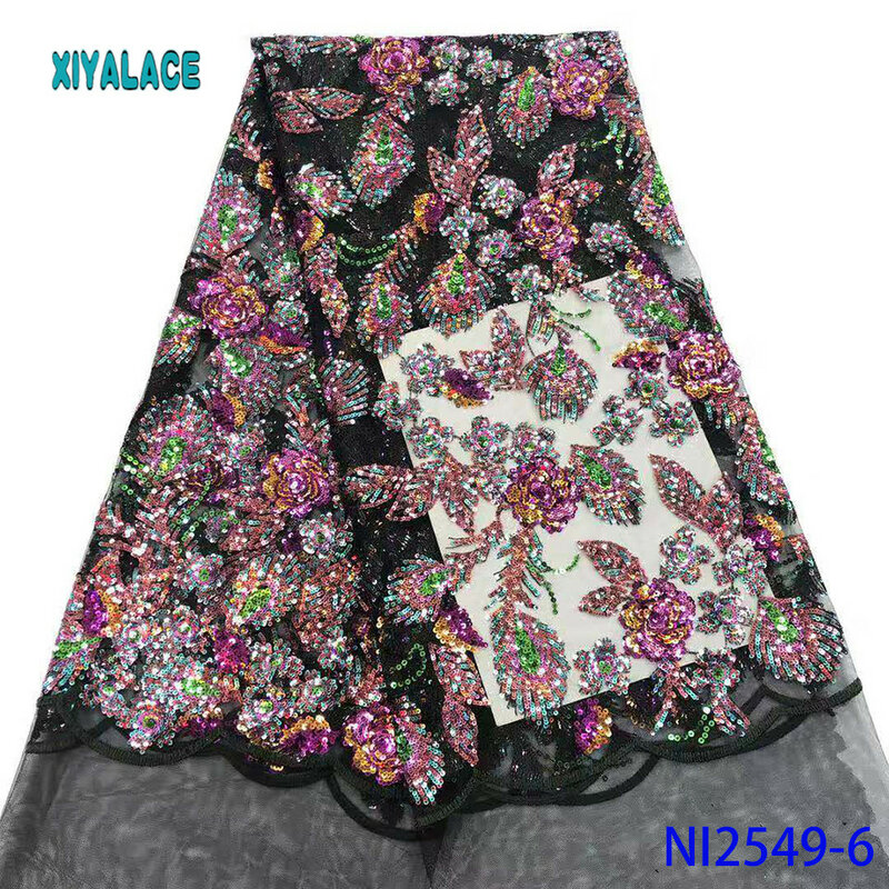 Tecido de renda francês tecido do laço 2020 alta qualidade africano nigeriano flor bordado tule tecido renda lantejoulas YANI2549-4