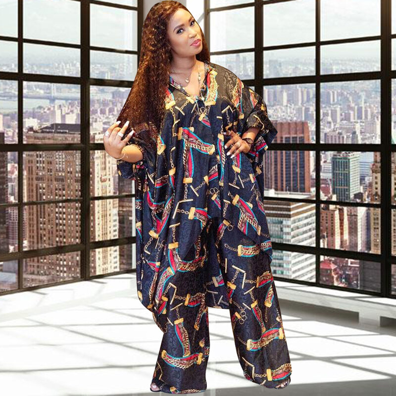 여성 패션 투피스 정장 2021 고품질 프린트 스타일 턴 다운 칼라 탑스 매칭 와이드 팬츠 아프리카 팜므 스트리트웨어
