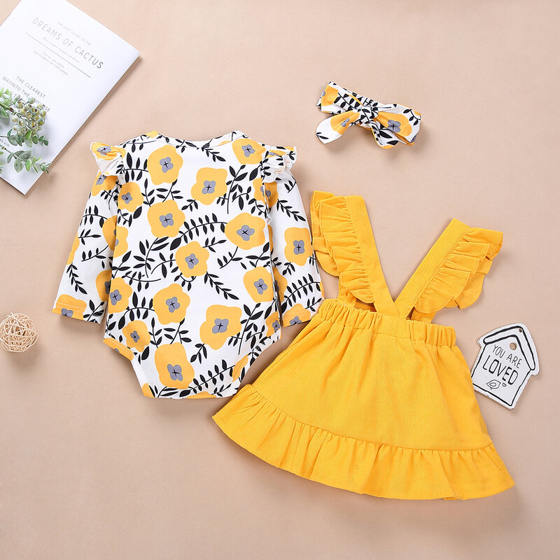 New Baby Girl’s Skirt Three Piece Suit Fashion Flower Long Sleeve Jumpsuit Solid Color Suspender Skirt and Headband Set