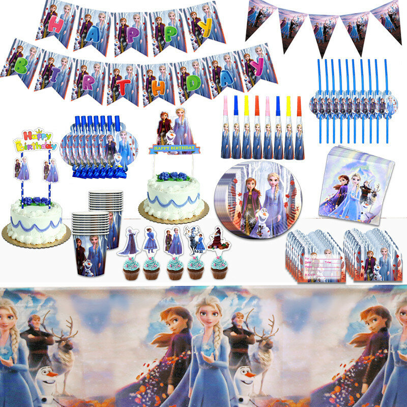 107 Pcs/Set Frozen 2 Princess Snow Queen Theme Happy Birthday Party Decor Kids Girls Party Supplies Decoration Tableware Set