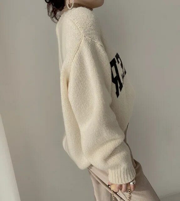 Camisola de argyle coreano chique ocidental doce cor o pescoço carta impressão pulôver solto de manga comprida grossa malha feminina