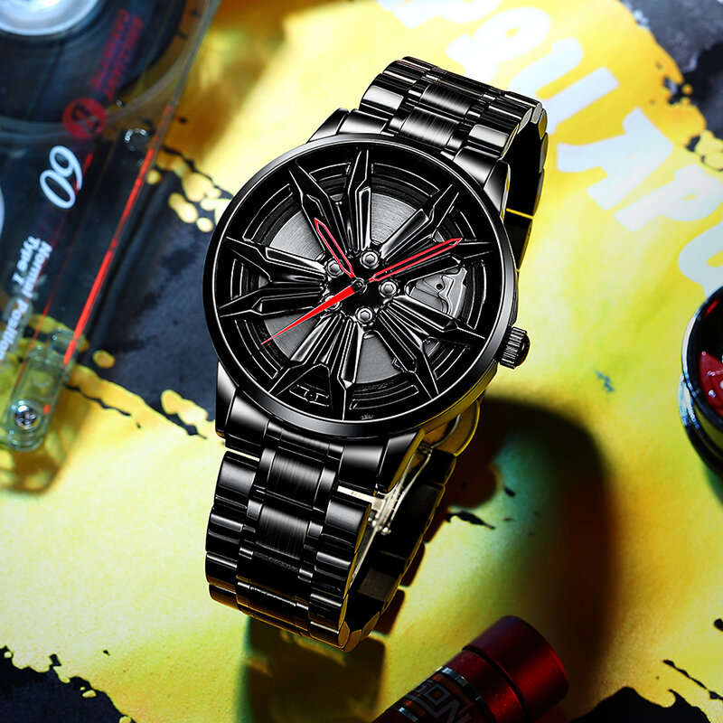 Męskie zegarki Super samochód koło zegarek dekoracja modny Top marka Sport zegarek kwarcowy piasta koła zegarek męski kreatywny zegarek