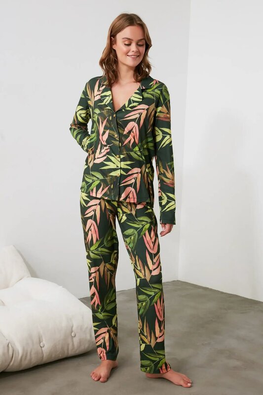 Trendyol wzór liścia dzianiny piżamy zestaw THMAW21PT0490