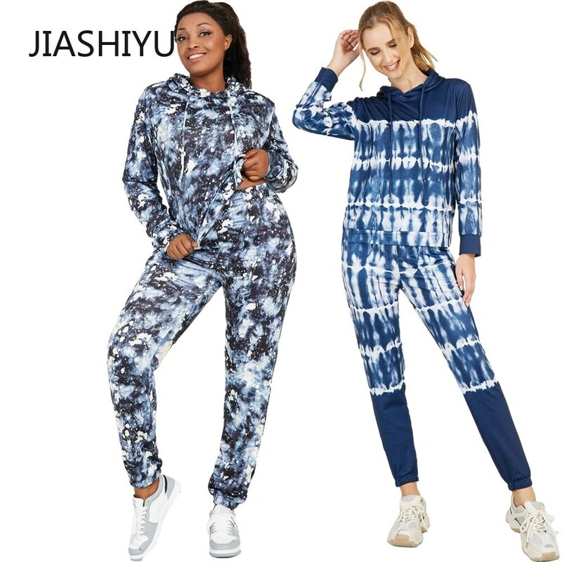 JIASHIYU Sweatsuits 여성용 세트 2 피스 캐주얼 조깅 의상 Tie Dye Hoodies 트랙 수트 풀오버 스웨트 및 트레이닝 복 세트