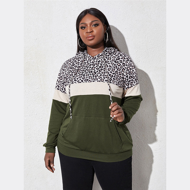 Fioncrow Plus Size Leopard Print Sweater Women Loose Outer Wear Hooded New Color-Blocking Pullover Sweater For Fall/Winter 2021