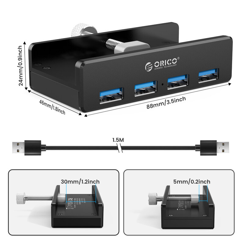 USB 3.0 HUB alimenté avec chargeur, Clip de bureau à 4 Ports, adaptateur de répartiteur USB, lecteur de carte SD pour PC, accessoires d'ordinateur