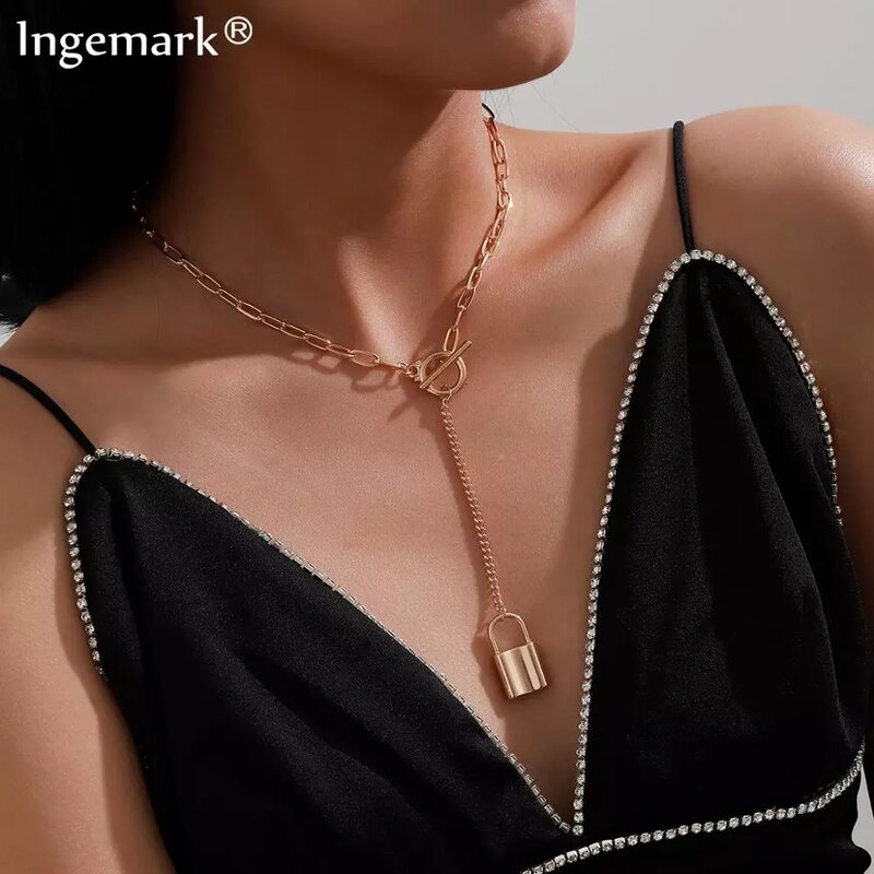 INGEMARK — Collier avec chaîne en cœur, serrure, multicouche, meilleur cadeau de couple, Steampunk, ras du cou