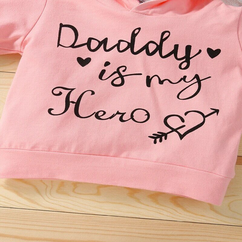 2 pçs do bebê meninas conjunto de roupas infantis recém-nascidos carta daddys impressão menina com capuz topos pant terno moda rosa roupas do bebê