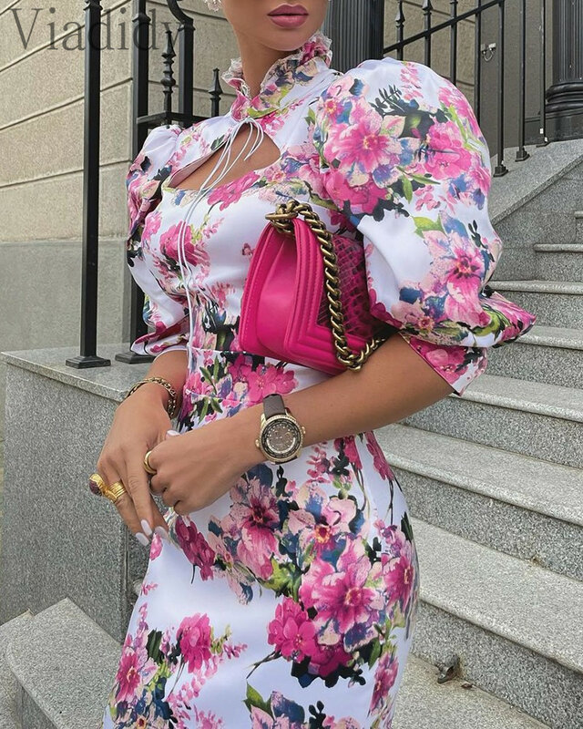 Women Elegant Vintage Puff Sleeve Floral Print Cutout Ruffles Design Midi Dress