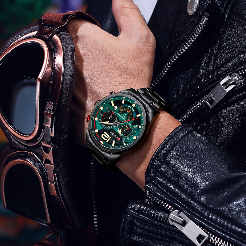 Часы наручные CURREN Мужские кварцевые, брендовые Роскошные спортивные зеленые с хронографом и датой, стальные