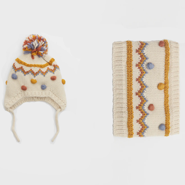 Novo chapéu de inverno tricotado a mão crochê colorido pompom e cachecol infinito de malha para bebês meninos e meninas 2021