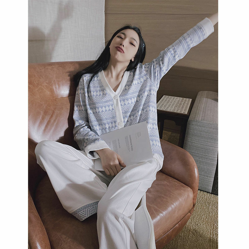 QWEEK-Pijama de punto para mujer, conjunto de ropa de dormir de manga larga cálida, con diseño geométrico, para Otoño e Invierno