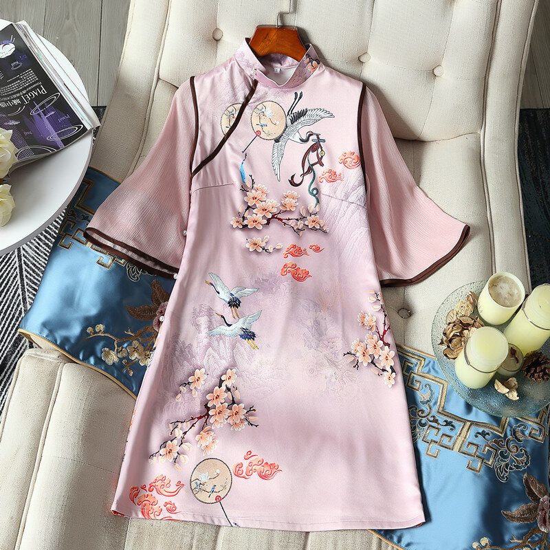 향상된 중국어 cheongsam 2021 봄과 여름 복고풍 새로운 느슨한 슬림 cheongsam 복장 인쇄 짧은 드레스 여성