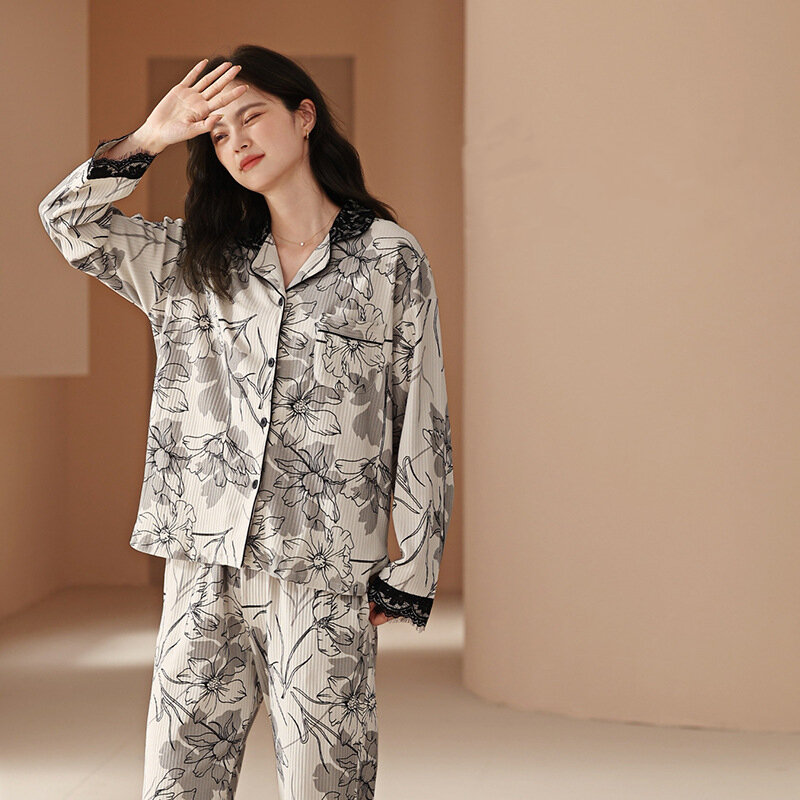 Pijamas femininos conjunto de duas peças senhoras lapela manga longa impresso sleepwear elegante rendas guarnição casa terno primavera e outono homewear