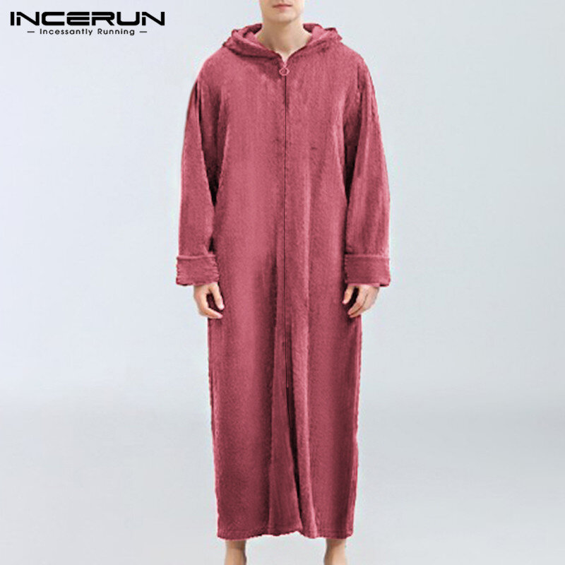 2021 남자 아늑한 Homewear 가운 INCERUN 패션 솔리드 수면 가운 겨울 긴 소매 후드 슬리퍼 남자 지퍼 Nighgown 플러스 크기