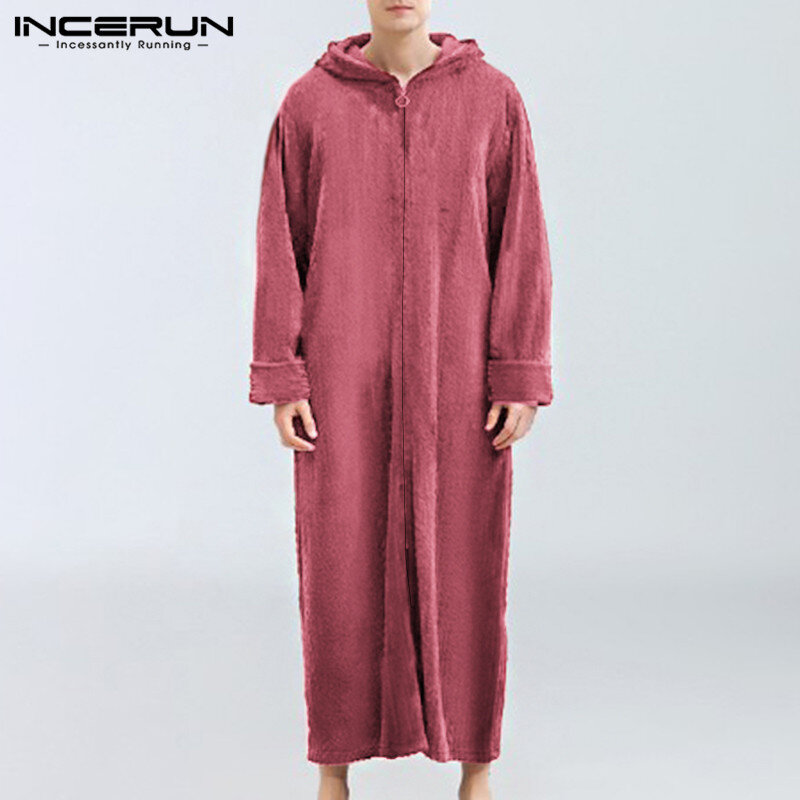 2021 männer Gemütlichen Homewear Roben INCERUN Fashion Solid Schlaf Roben Winter Langarm Mit Kapuze Nachtwäsche Männer Zipper Nighgown Plus Größe