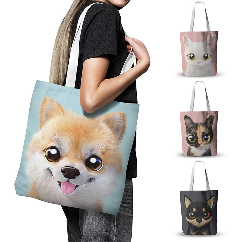 Novo padrão animal bolsa de lona bonito gato bolsa de compras das mulheres coreano simples sacola reutilizável grande capacidade saco de armazenamento