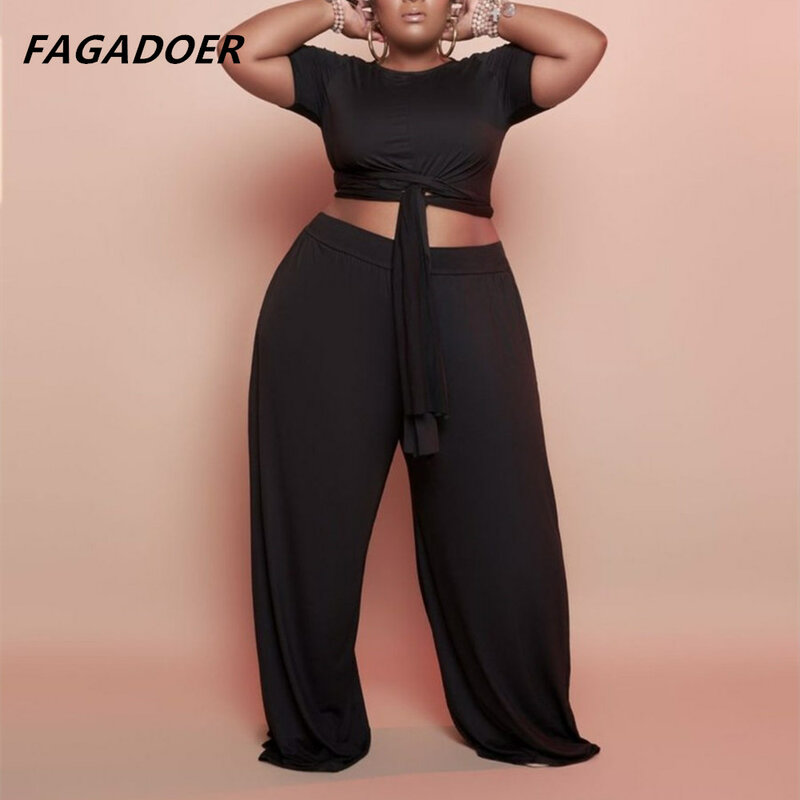 Fagadoer Plus Size 4xl 5xl Bandage Two Piece Set Women Tracksuits Solid Sashes Crop Top+Wide Leg Pants Summer Cusual Outfits