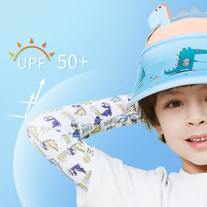 Kids Ice Silk Cooling Arm Sleeves Cover Summer UV Protection Cartoon Rainbow Dinosaur Print Outdoor Running Sunscreen Shield