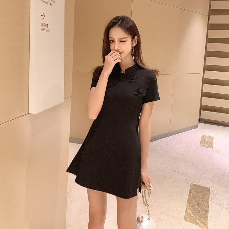 Pequeno esquema preto estilo ocidental cintura alta terno de duas peças verão 2020 novo retro melhorado cheongsam vestido