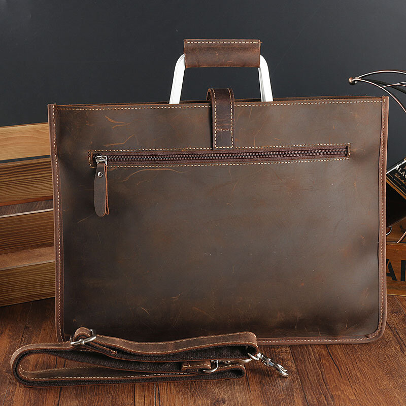 Zipper Briefcase Men Genuine Leather Bag Messenger Office Bags For Men Crazy Horse Leather Laptop Bag 13 Inch