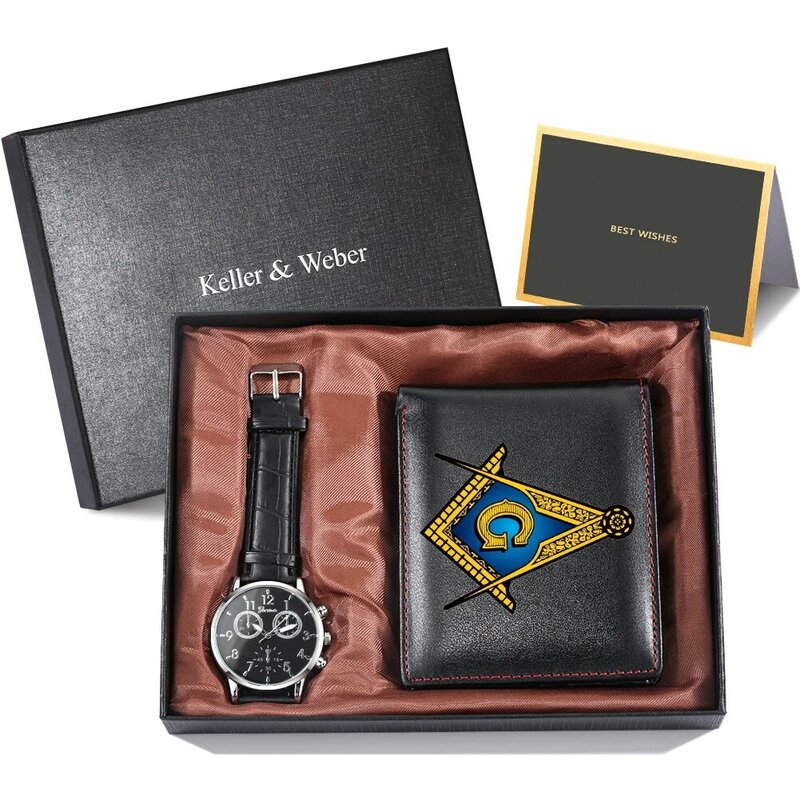 Relógio de pulso de quartzo masculino pulseira de couro masculino relógios moda maçônica preto carteira caixa de presente definido para o marido relogio masculino