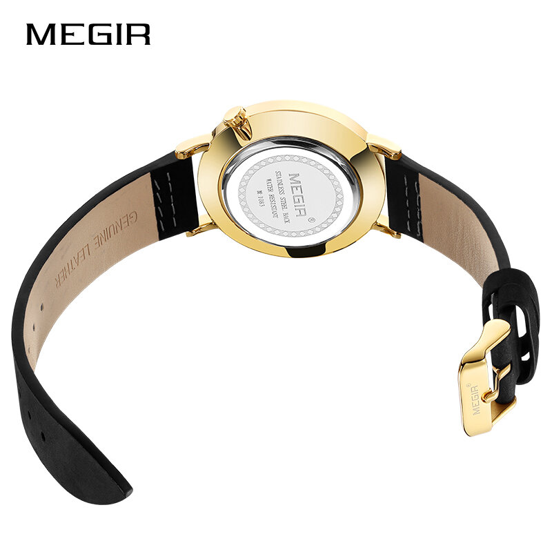럭셔리 브랜드 MEGIR 남자 골드 블랙 시계 가죽 크리 에이 티브 다이얼 쿼츠 시계 남성 24 시간 표시 방수 날짜 손목 시계