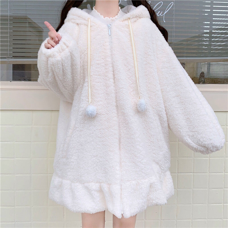 Lolita-chaqueta con cremallera para mujer, abrigo suave con Orejas de conejo de peluche, lana de imitación, lana de oveja, más algodón, grueso, nuevo