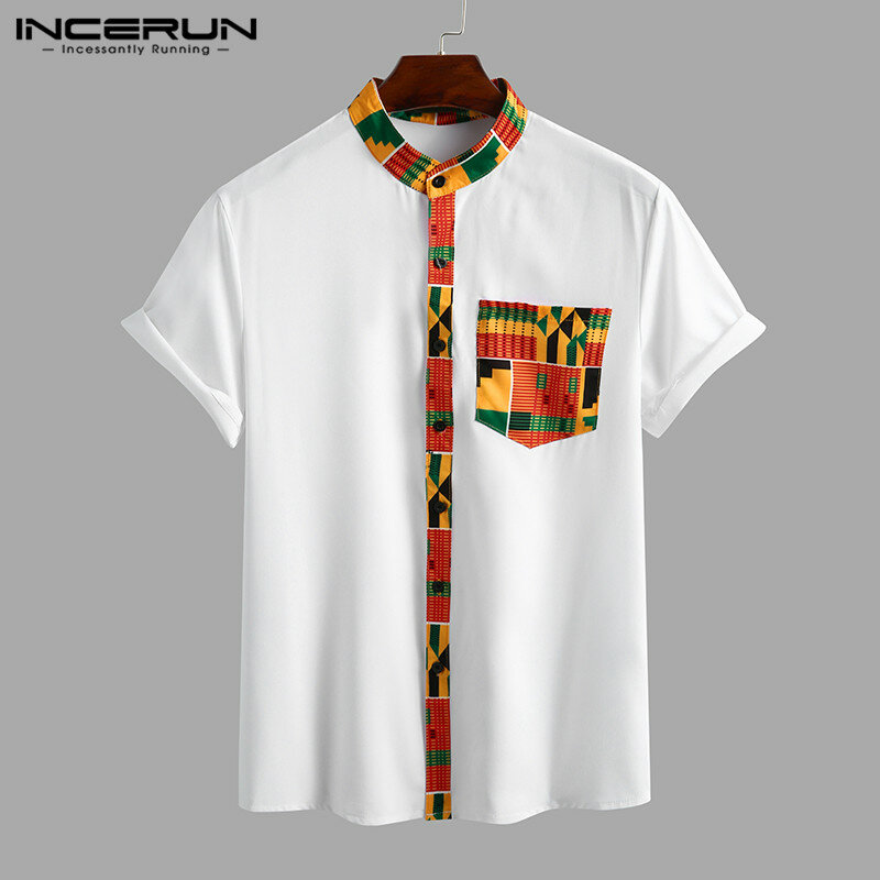 Incerun camisa masculina florida de manga curta, camisa com gola étnica estampada, botões soltos vintage, roupas urbanas africanas 7