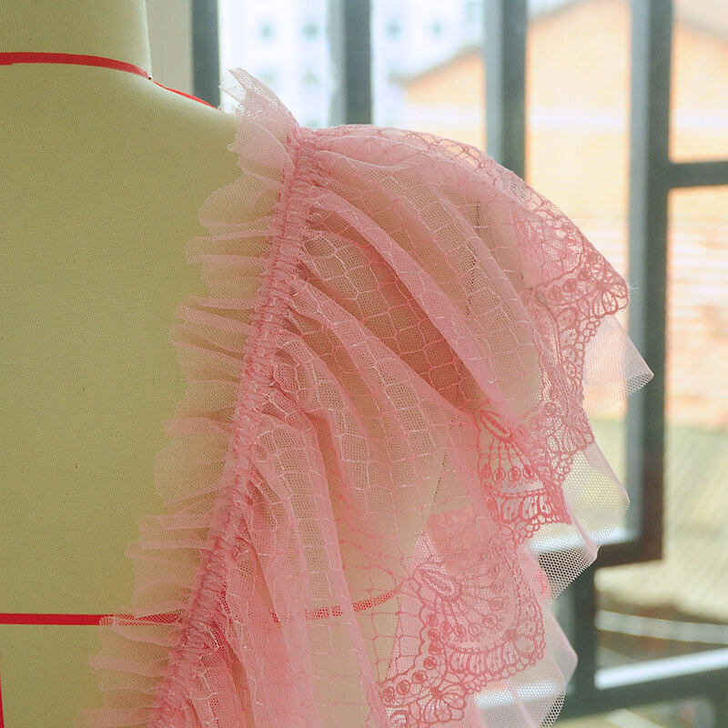 1M cinta de encaje elástica plisada 18cm tela de encaje Rosa guipur para vestidos costura adornos ropa suministros artesanales dentelle QY13