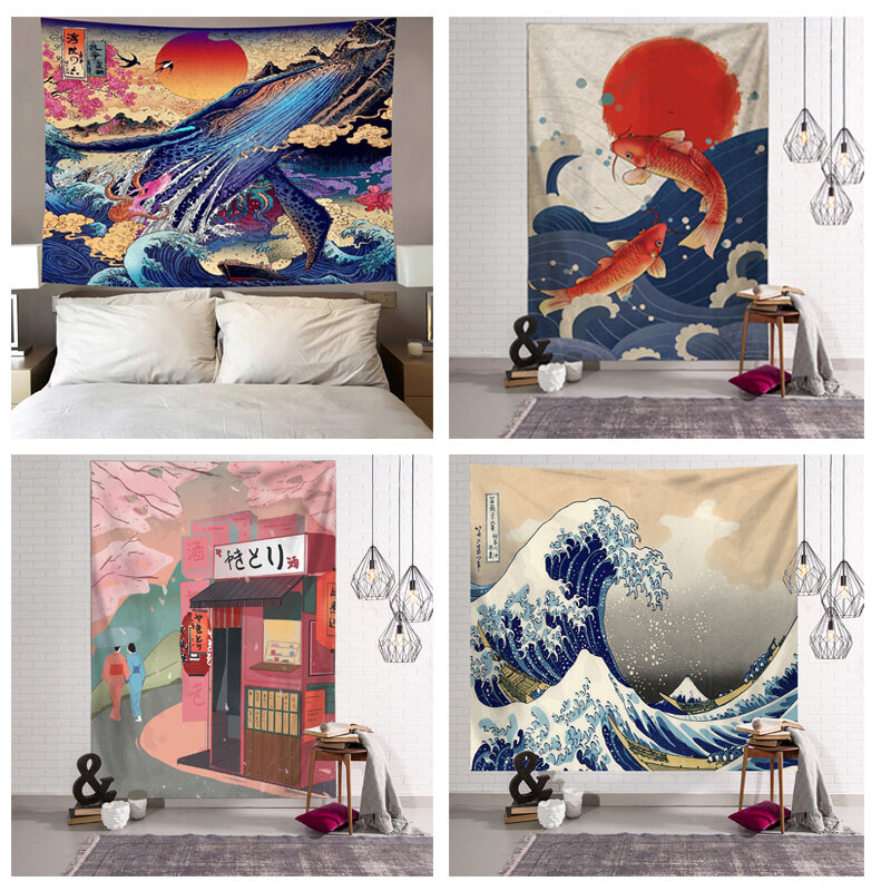 Japanese Kanagawa Waves Printed Hanging Tapestry Whale Arowana Deer Snake Totem Wall Hanging Tapestries Boho Bedspread Blanket